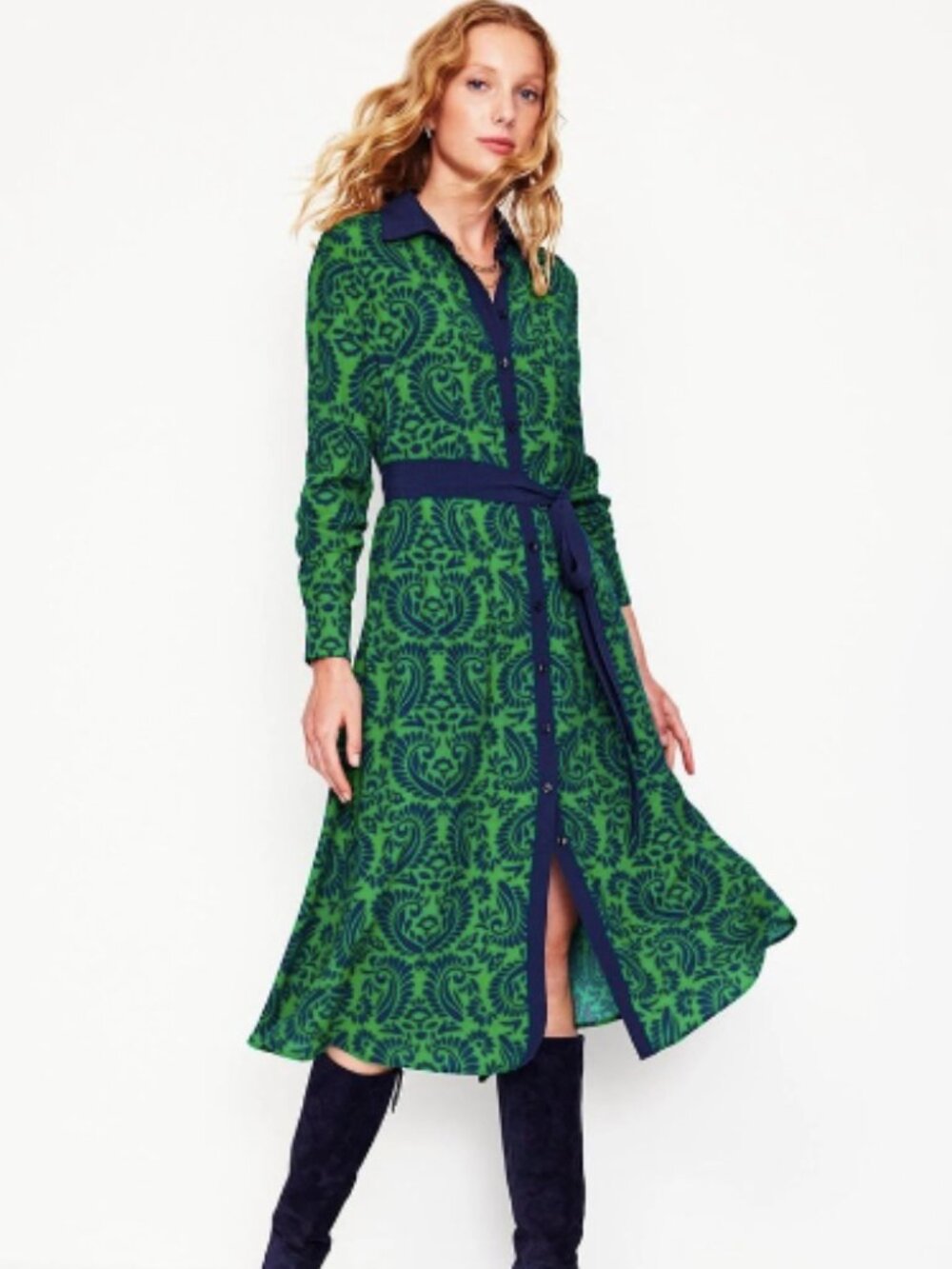 Boden Kate Paisley Print Belt Midi Shirt Dress size 12 chic boho retro preppy